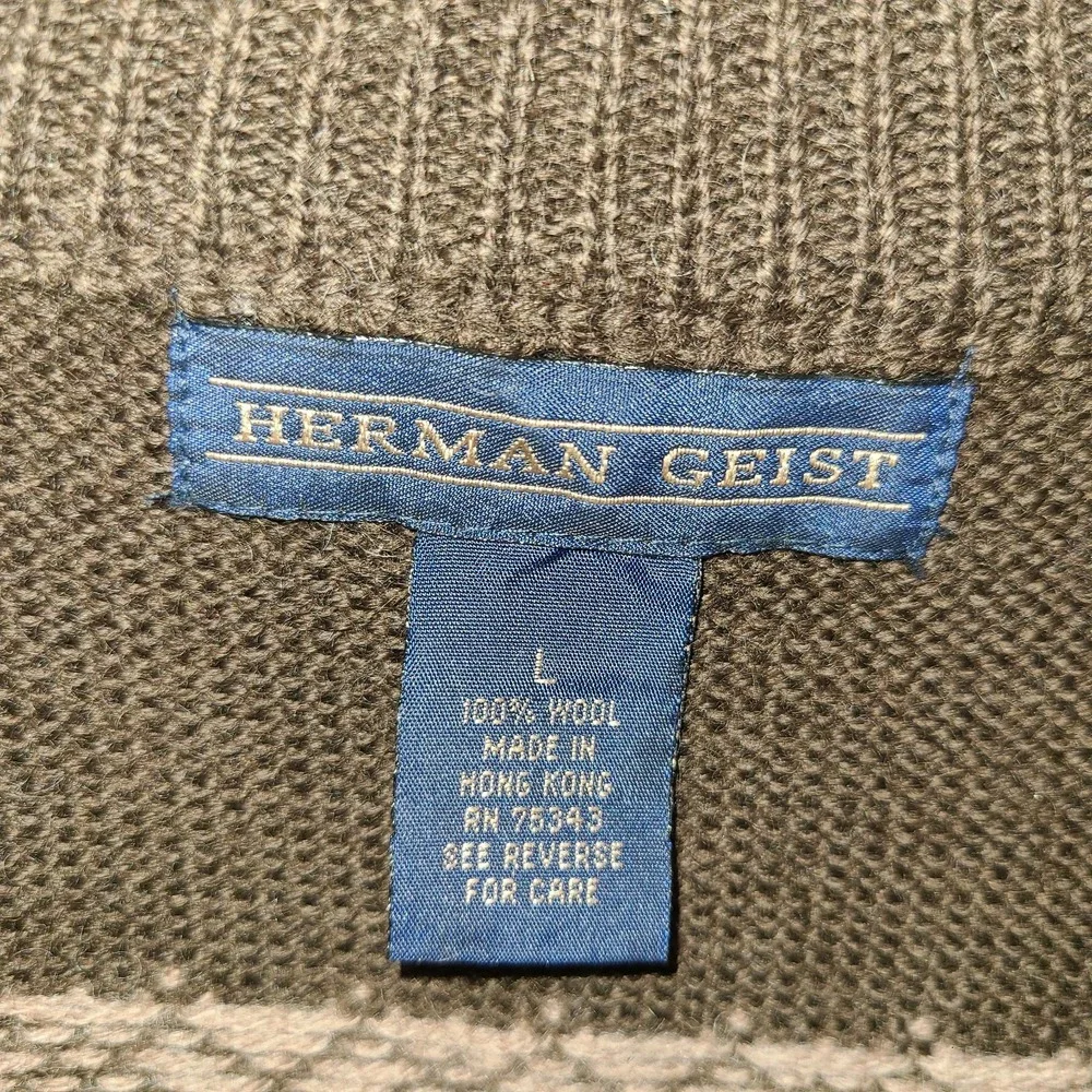 Vtg Herman Geist Wool Fair Isle Sweater Hand Embroidered Chocolate Brown‎ Tan Lg